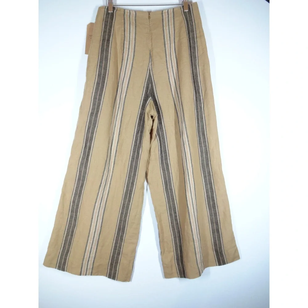 VTG Banana Republic Wide Leg Pants Womens S Tan Striped Linen Coastal Trousers